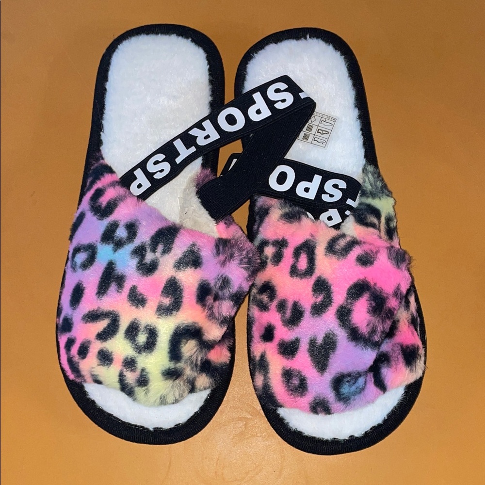 Fluffy rainbow leopard and white slippers